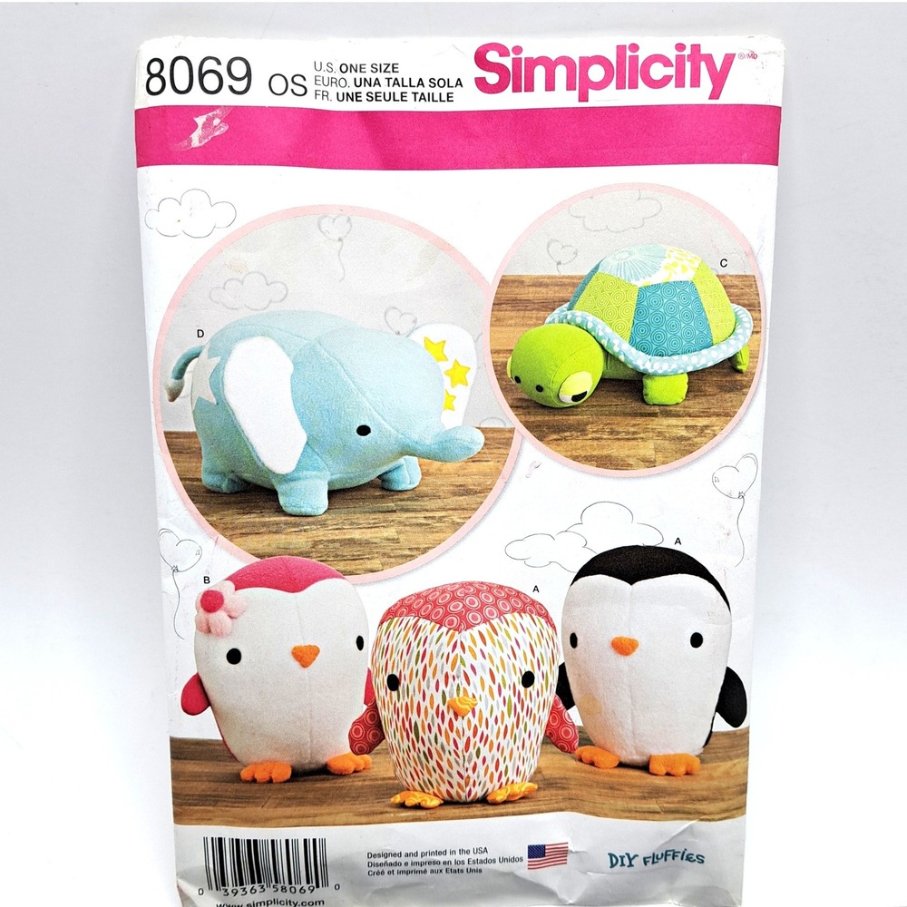 Simplicity 8069 Sewing Pattern OS Multi Stuffed Animals‎ Elephant Turtle Penguin